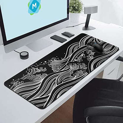 DIGSOM Gaming Mouse Pad Black and White Sea Wave Pattern, 31.5 x 11.8in | XL Mouse mat, Smooth surface, Anti-slip rubber base, For keyboard and mouse, For home and office use - color: Black Sea Wave