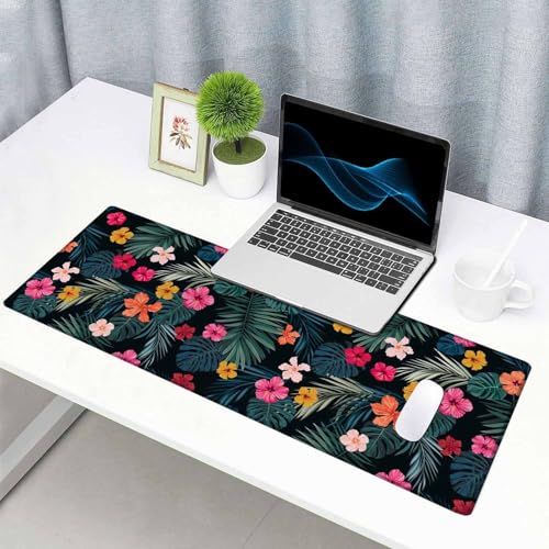 Gaming Mouse Pad, Large Mouse Pads for Desk, Non-Slip Rubber Base Mousepad, Keyboard Mouse Mat, Desk Pad with Stitched Edges, 31.5x11.8 inch Hibiscus Flowers and Palm Leaves - color: Hibiscus Flowers and Palm Leaves, size: 31.5" x 11.8"