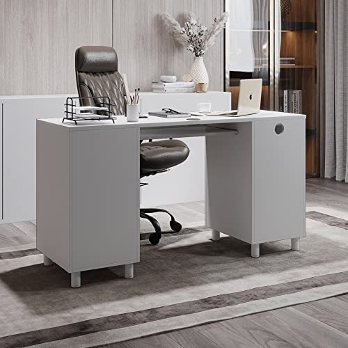 Modern Design Venice Computer Office Desk with 3 Locking Drawers and Storage Cabinet, 53 Inch Home and Office Executive White Desk with Keyboard Tray by Crafts and Comfort - color: White