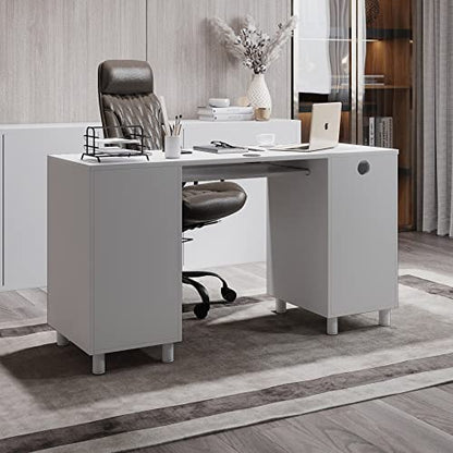 Modern Design Venice Computer Office Desk with 3 Locking Drawers and Storage Cabinet, 53 Inch Home and Office Executive White Desk with Keyboard Tray by Crafts and Comfort - color: White