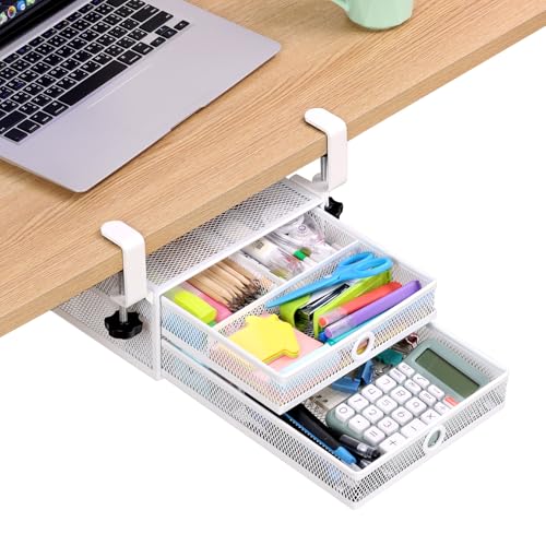 2-Tier Clamp-On Mesh Organizer, Under Desk Storage with Slide-Out Tray, No Drilling Tool-Free Installation, Durable Rust-Resistant Metal, Large-Capacity Organizer. - color: White - 2 Tier