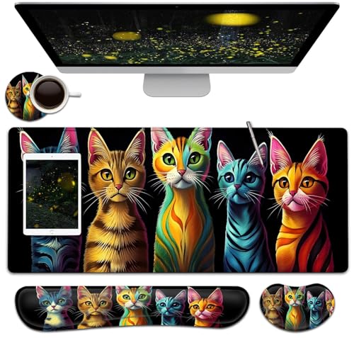Large Mouse Pad + Keyboard Wrist Rest Set, Extended Gaming Mousepad (31.5X11.8 inch) with Non-Slip Rubber, Ergonomics Memory Foam Mouse Wrist Rest Support, Colorful Abstract Cat XXL Desk Pad - color: Yu-Mouse Pad-3-B34