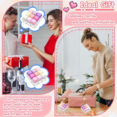 Keyboard Fidget Toy, Keyboard Keychain Fidget Toys, 9-in-1 Clicker Fidget Toy, Stress Relief Desk Decompression Button, Anxiety Relief Valentine's Day Gifts (9 Color-Purple Pink Rose) - color: 9 Color-purple Pink Rose