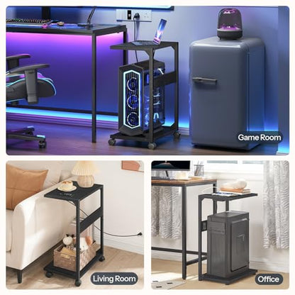 HOOBRO Computer Tower Stand, PC Stand with Charging Station, 2-Tier Under Desk CPU Holder with Lockable Wheels, PC Floor Cart Fits Most Computer Towers, for Home Office, Black BB01UCJ01G1 - color: Black