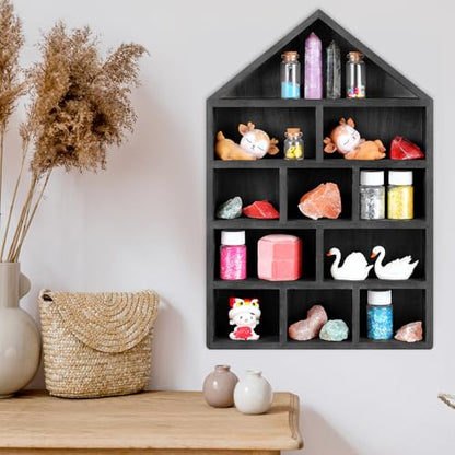 Threehoney House Shaped Wooden Shadow Cubby Box Hanging Display Shelf Organizer Wall Mounted Curio Cabinet Wooden Display Case Miniature Shelf for Figures(Black,10 x 15 x 2.24 Inch) - color: Black