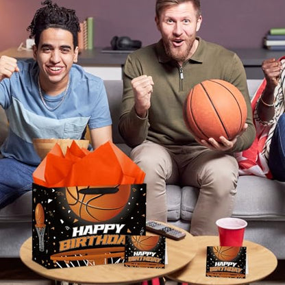 Hooqict Large Basketball Gift Bag with Handles, Tissue Paper, Greeting Cards Basketball Birthday Gift Wrap Bag for Kids Boys Men Sports Themed Goodie Treat Party Favors - color: Basketball