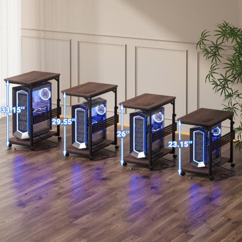 Besiost Computer Tower Stand with Power Strips, 4 Levels Manual Height Adjustable PC Tower Stand for Under Desk, Mobile Rolling CPU Holder, Computer Cart with Wheels, 24", Black Walnut - color: Black Walnut, size: 24"