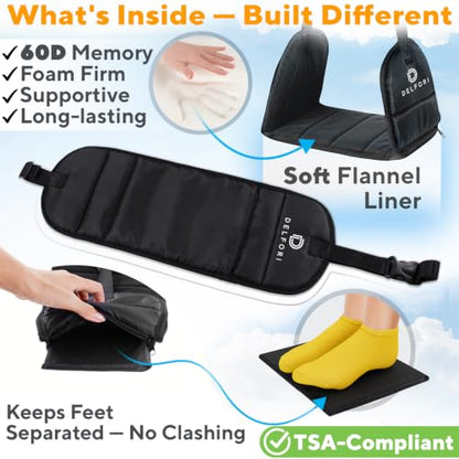 Portable Airplane Footrest for Airplane Travel - Comfortable Foot Hammock w/Memory Foam & Hardboard for No Feet Clashing - Ideal for Pain and Swelling Relief - Travel Essentials to Relax Your Feet