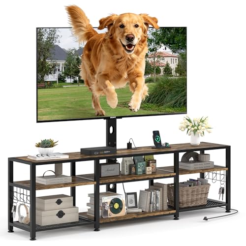 VECELO TV Stand with Mount and Power Outlet, Height Adjustable Entertainment Center with Storage Shelves for 55/65/70/75/80 inches Televisions, Console Table for Living Room, Bedroom, Rustic Brown - color: Rustic Brown, size: 71 Inch