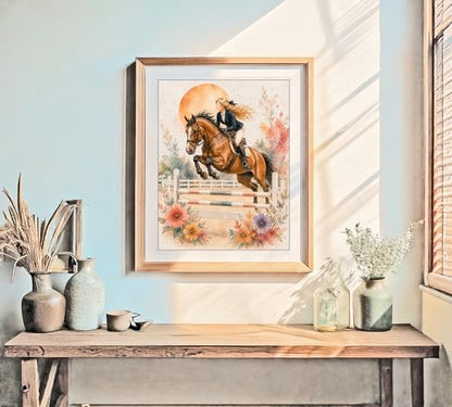 Inspirational Watercolor Jumping Horse Equestrian Quote Art Print for Girl's Bedroom Empowerment, Riding School Locker Team Gym Study Desk Wall Art, Sibling Grandparent Young Jumper Rider Team Captain Coach Parent Birthday Graduation Gifts - 8x10 Unframed