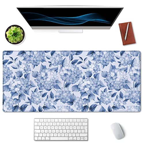 SSOIU Blue Hydrangea Flowers Desk Mat, Floral Large Aesthetic Mouse Pad 35.5" X 15.7", Waterproof Desk Mat Stitched Edges, Non-Slip Laptop Computer Keyboard Mousepad for Office and Home - color: Blue Hydrangea Flowers