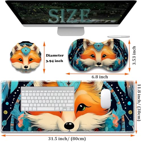 Large Gaming Mouse Pad + Wrist Rest+ Coaster Combo, 31.5 "x 11.8" Durable Non-Slip Extension Table Mat, Suitable for Office and Home, Dreamcatcher Fox - color: Dreamcatcher Fox