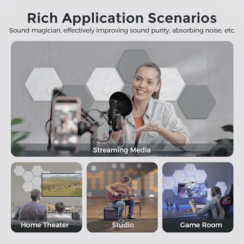 Self-Adhesive Acoustic Panels [390 lbs/yd³ Ultra-High Density], 2nd Generation Sound Absorbing Panel, Professional Level Sound Panel, Polyester Soundproof Foam [Medium Hexagon, MoonGrey & SilverGrey] - color: Moon Grey & Silver Grey, size: Medium Hexagon