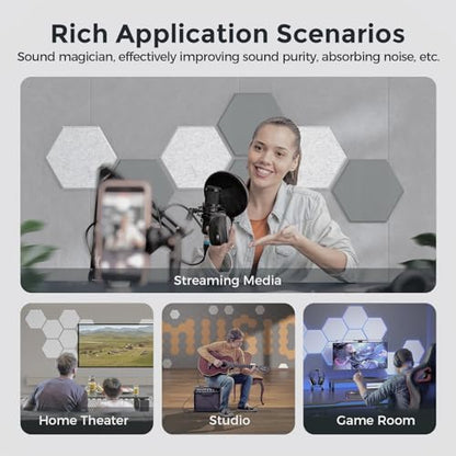 Self-Adhesive Acoustic Panels [390 lbs/yd³ Ultra-High Density], 2nd Generation Sound Absorbing Panel, Professional Level Sound Panel, Polyester Soundproof Foam [Medium Hexagon, MoonGrey & SilverGrey] - color: Moon Grey & Silver Grey, size: Medium Hexagon