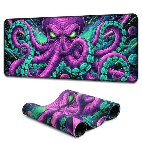 Blacklight Octopus Mouse Pad – UV Reactive Neon Tentacle Galaxy Desk Mat, Glow in The Dark Extended Gaming Mousepad with Colorful Cosmic Kraken Art for Gamers, Room Decor - 31.5" x 11.8" - color: Octopus