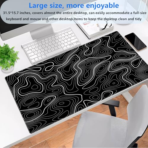 Extended Gaming Mouse Pad XL, Black Topographic Map Desk Mat, Non-Slip | High-performance XL gaming mousepad featuring an abstract contour line print and heavy-duty stitched edges. - color: Black Topographic