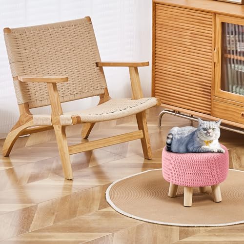 Wimarsbon Pouf Ottoman, 100% Cotton Knitted Boho Footstool, Round Footrest with Non-Skid Wood Legs, Home Décor Handmade Pouffe, Leisure Floor Step Stool for Living Room (Pink) - color: Pink