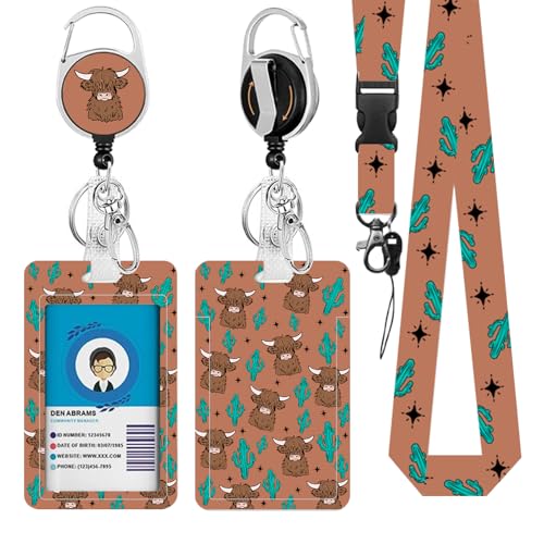 Lanyards for ID Badge, Cow Lanyard ID Card Holder with Retractable Reel Clip and Keychain, Wild Yak Vertical Identity Heavy Duty Badge Cover Case Protector for Teacher Nurse Women Men - color: Cow-brown