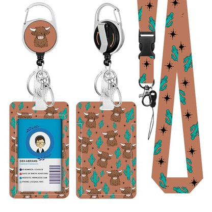 Lanyards for ID Badge, Cow Lanyard ID Card Holder with Retractable Reel Clip and Keychain, Wild Yak Vertical Identity Heavy Duty Badge Cover Case Protector for Teacher Nurse Women Men - color: Cow-brown