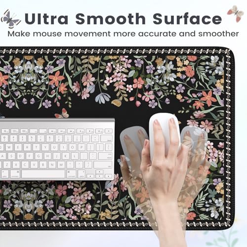 HAOCOO Floral Desk Pad for Keyboard and Mouse, Black Mouse Pad with Non-Slip Rubber Base, XXL Keyboard Mat with Edge Stitching, Soft Computer Mat, Gaming, Office Aesthetics - color: Black