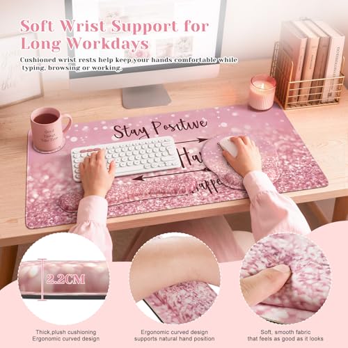 iCasso Mouse Pad,Large Pink Desk Mat Set, 4in1 XXL Mousepad + Keyboard Wrist Rest+Mouse Wrist Rest+Coaster with Ergonomic Desk Pad for Home Office Table Computer Cover -Pink Stay Positive - color: 1-Pink Stay Positive