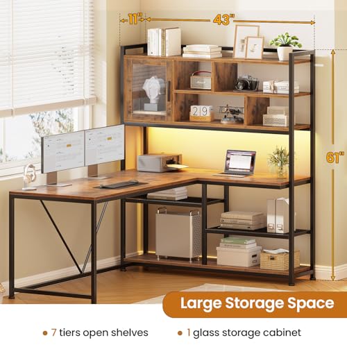 SEDETA L Shaped Computer Desk, 58'' Office Desk with LED Light and Bookshelf, L Shaped Corner Desk with Storage Shelves for Home Office, Gaming Desk, L Desk, Rustic Brown - color: Rustic Brown