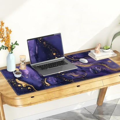 Large Gaming Mouse Pad Set, 4 in1 Ergonomics Keyboard Desk Mat with Memory Foam Wrist Rest, Extended Game Mousepad, Non-Slip Desk Pad Matt Easy Typing Pain Relief I Purple Golden Marble - color: Purple Golden Marble