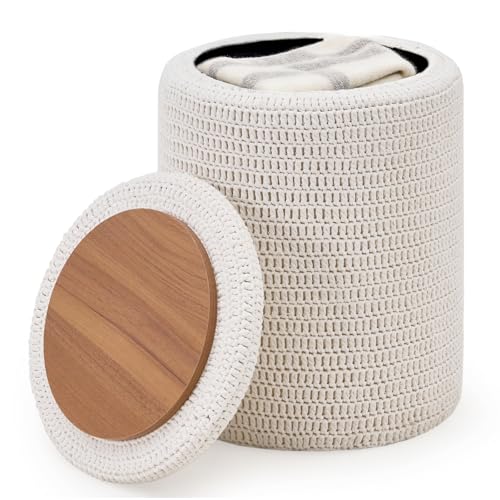Wimarsbon Pouf Ottoman, 100% Cotton Knitted Boho Footstool, Round Footrest with Non-Skid Wood Legs, Home Décor Handmade Pouffe, Leisure Floor Step Stool for Living Room (14inch White Storage Ottoman) - color: 14inch White Storage Ottoman