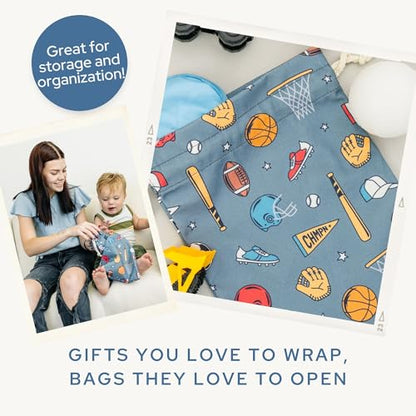 Gather & Knot Drawstring Gift Bags | 20" Large 12" Small | Premium Canvas | Reusable Fabric Wrap for Boy Birthday | Baseball Football Socccer | Sports - color: Sports