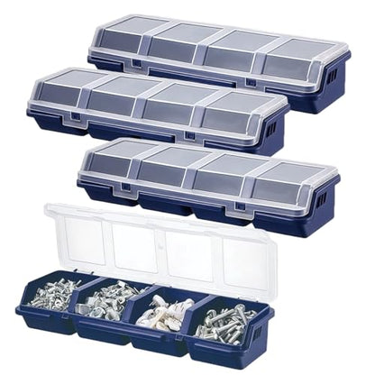 4 Pack Parts Organizer Box, 4 Compartment Hardware Storage Bin with Translucent Lid & Secure Lock, Heavy Duty PP Plastic Screw Bolt Nut Container, Stackable for Garage Workshop Workbench, Blue