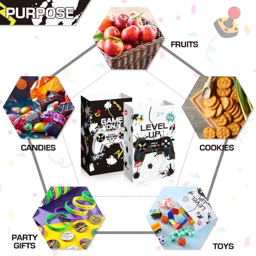 Geosar 30 Pack Video Game Party Favor Paper Bags Game on Goodie Candy Gift Bags with 30 Stickers Level up Reusable Goodie Treat Snacks Supplies for Boys Kids Gaming Birthday Party(White, Black) - color: White, Black