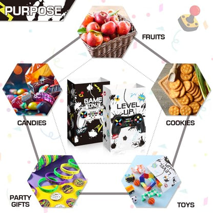 Geosar 30 Pack Video Game Party Favor Paper Bags Game on Goodie Candy Gift Bags with 30 Stickers Level up Reusable Goodie Treat Snacks Supplies for Boys Kids Gaming Birthday Party(White, Black) - color: White, Black
