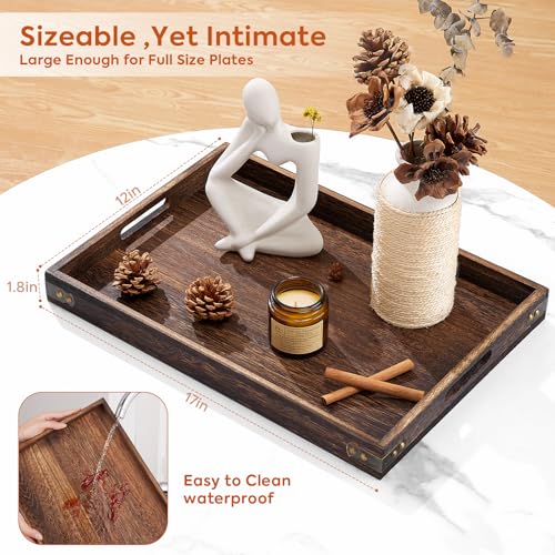 Serving Trays for Party-17In Large Serving Tray with Handles,Wooden Coffee Table Tray&Charcuterie Boards,Serving Platter for Breakfast in Bed Tray,Decorative Rectangular Tray for Ottoman/BBQ/Kitchen - size: 17*12 in