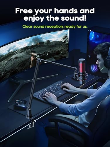 Microphone Arm Stand, CACENCAN Upgraded Mic Boom Arm with Cable Management, 3/8" to 5/8" Adapter, Desk Mount Mic Stand for Blue Yeti, Shure SM7B, HyperX, Streaming, Podcast, Gaming, Recording (Black)