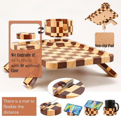 Nnewvante Couch Armrest Tray,3 in 1 Large 15.36"x9.85" Rubberwood Sofa Arm Cup Holder Clip on Side Table with 360°Rotated Phone/Drink Holder - color: Checkered