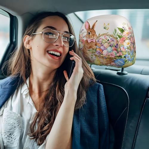2pc Easter Car Headrest Cover Cartoon Bunny Car Seat Head Rest Protector for Holiday Decor - color: Easter Bunny White