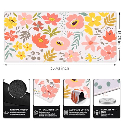iCasso Desk Matt for Desktop, Cute Desk Pad Mat, XXL Large Mouse Pad, Anti-Slip Big Mousepad with Stitched Edges, Keyboard Pad Mouse Mat for Computer, Work, Gaming (Flowers Leaves) - color: Flowers Leaves