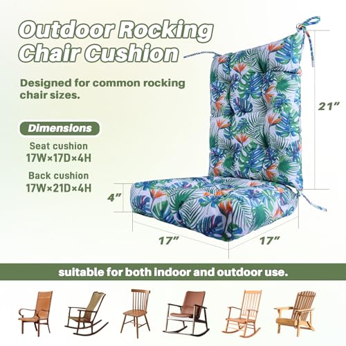 Tropical Rainforest Style Rocking Chair Cushion Set Waterproof Tufted with Ties Non-Slip High Back Chair Pads for Garden Patio Wooden Rockers - color: Waterproof Monstera