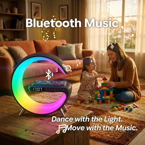 Smart LED Table Lamp,4-in-1 Wireless Charger with Speaker,Night Light, Alarm Clock, and Bluetooth Speaker with App Control, Ideal Gifts for Home, Office, Christmas (Light Black) - color: Light Black