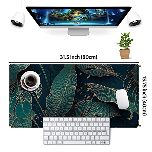 Desk Pad, Green Gold Palm Leaves Extended Gaming Mouse Pad Cute Large Desk Mat, Non-Slip Rubber Base Mousepad with Stitched Edges, Keyboard Mouse Mat Desk Pad for Game Office Home 31.5x15.75 in - color: Green Gold Palm Leaves