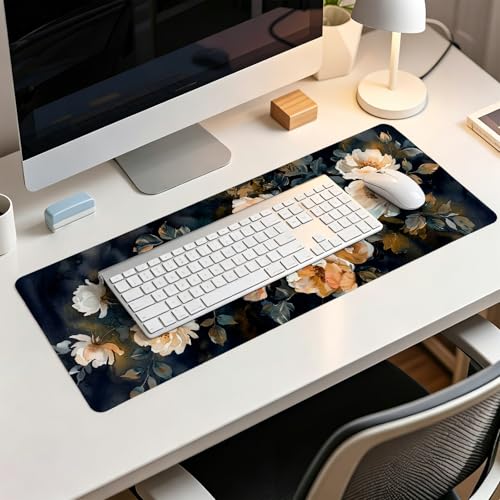 Dark Aesthetic Watercolor Floral Mouse Pad,XL Large Vintage Rose Desk Mat,Spring Summer Botanical Mouse Pad,Rustic Botanical Flower Desk Mat for Home Office Dorm Desktop Decor,31.5x11.8 Inch - color: Floral Rose XL