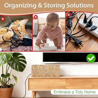 Cable Management Box with Lids-Handwoven Rattan Cord Organizer with Open Slots,Desk Organizer Box to Hide Power Strips&Cords,Office Desk Accessories Storage Basket,2 Pack