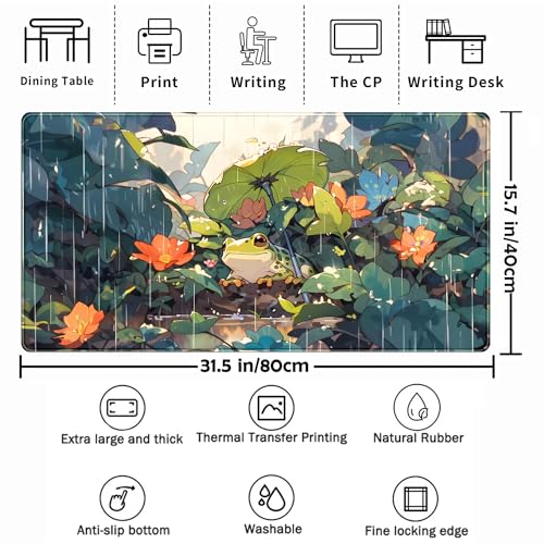 Anime Frog Mouse Pad Desk Mat Cure Frogs On Rainy Days Green Desk Decor Mat, Large Gaming Mouse Pad for Desk Computer Keyboard Laptop, Desk Decor Home Office Accessories for Girl with Stitched Eges - color: Colorful Anime Frog