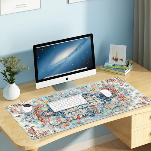 iLeadon Mouse Pad Set, Desk Mat + Mouse Pad with Wrist Rest + Keyboard Wrist Rest + Coaster, 4in1 Large Gaming Mouse Pad Set for Home Office, Retro Boho Floral Blue - color: Retro Boho Floral Blue