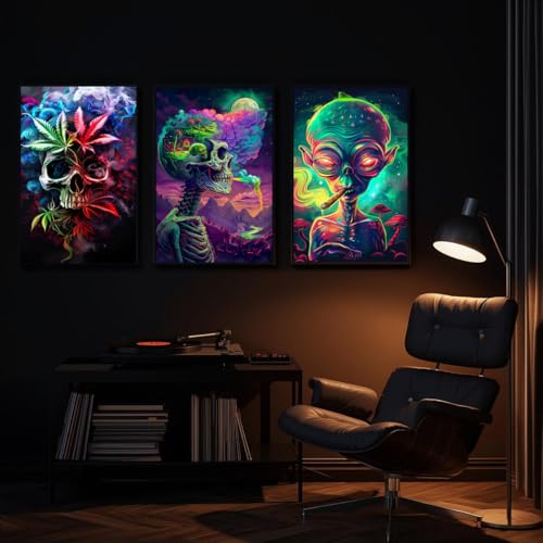 GlowDots Alien Wall Art Set of 4, Psychedelic Skull Posters, Trippy Neon Art Prints, Futuristic Space Room Decor for Bedroom, Dorm, Gaming Room(Unframed)