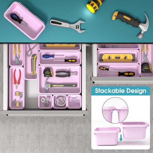 25 PCS Drawer Organizer Set, 4 Size Makeup Drawer Divider Organizer With Non-Slip Pads, Interlocking Plastic Storage Bins for Office,Jewelry Vanity,Gadgets, Bathroom,Kitchen, Purple - color: Purple, size: 25Pack