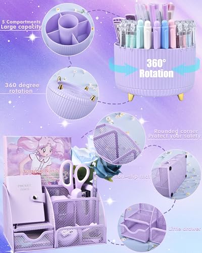 LXEVIHK 21Pcs Purple Desk Organizers and Accessories With Mesh Desk Organizer and 360°Rotating Pen Holder and a Lot of Office Purple Office Supplies Beautifully Presented in a Gift Box - color: purple