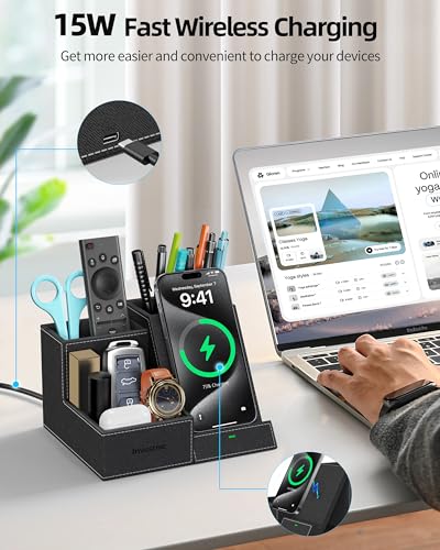 Wireless Charger with Desk Organizer, Pen Pencil Holder, Multifunctional Desktop Organizer, Office Supplies and Desk Accessories Organizer with 3 Compartments and 1 Phone Stand - color: Black