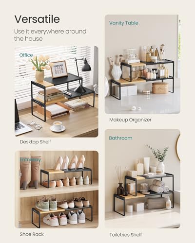 SONGMICS HOME Spice Racks, Expandable Cupboard Shelf Orgnizers, Kitchen Counter Shelves, Bamboo and Metal, Space-Saving Shelving, Stackable, Light Bamboo and Ink Black UKCS051B01 - color: Light Bamboo + Ink Black, size: 2 Pack