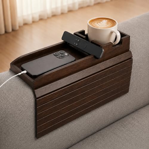 Bamboo Couch Arm Tray Table with Built-in Cup Holder, Foldable Anti-Slip Sofa Armrest Table for Drinks, Phone & Remote, Fits 4.7–16.9 in Armrests, Holds Cups up to 3.5 in Diameter (Brown) - color: Brown
